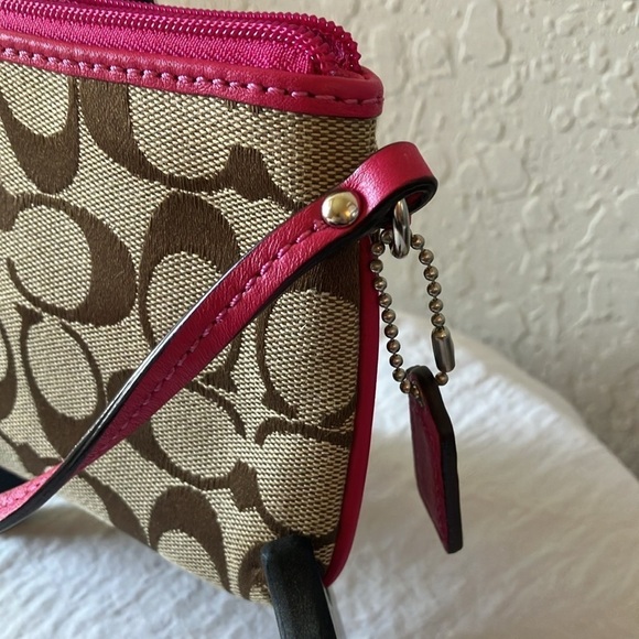 Coach: Khaki/Pink Signature Canvas/Leather wristlet/Clutch- 2 card slots - Picture 11 of 16